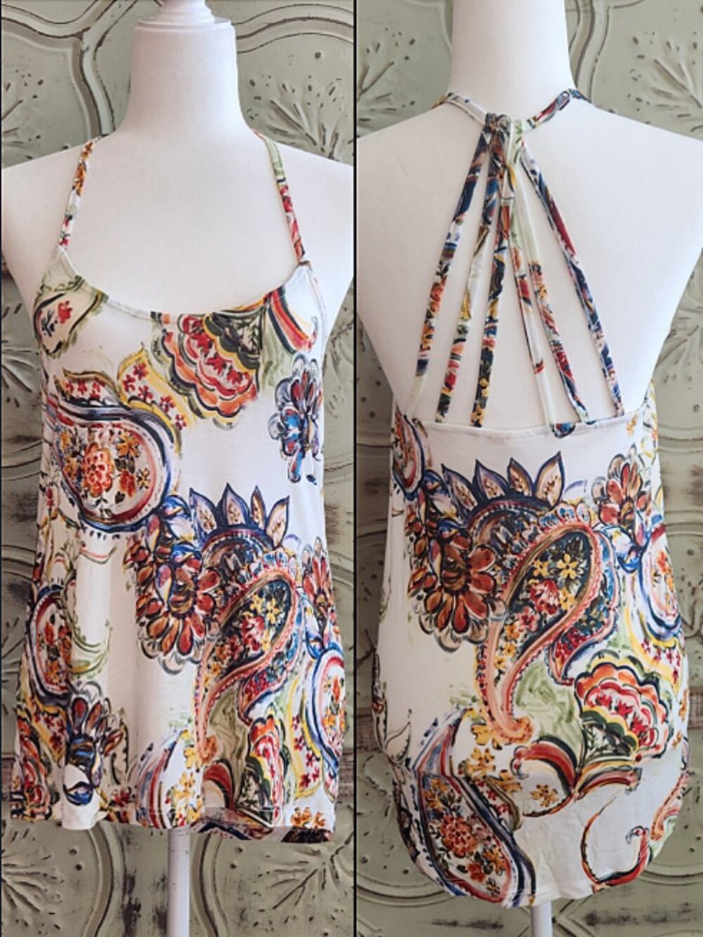 Lascana Venus Colorful Paisley Wearable Art Flowy Strappy Halter Tank Top |Small